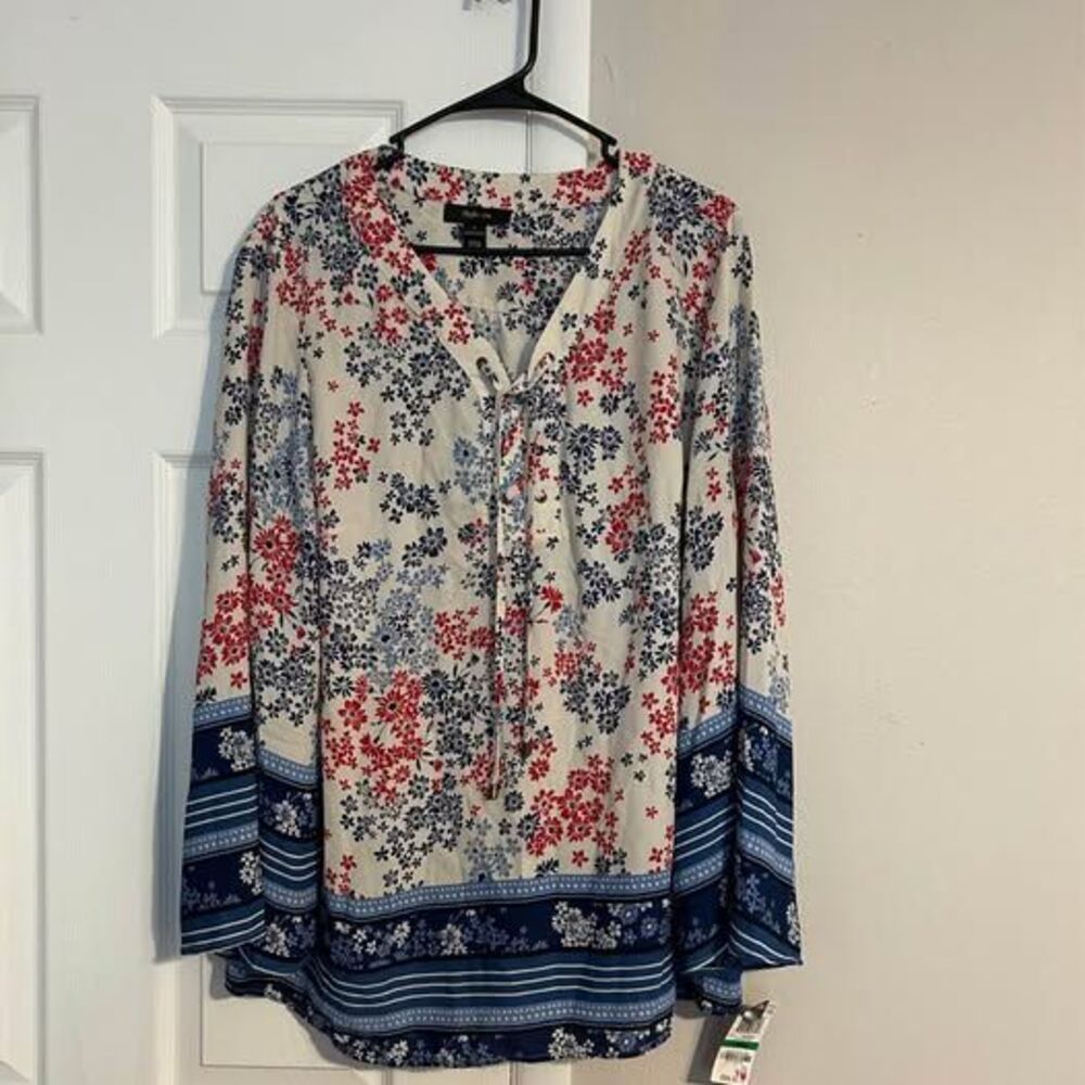 Style & Co Women’s Large Floral Border Print Lace Up Boho Tunic Blouse NWT
